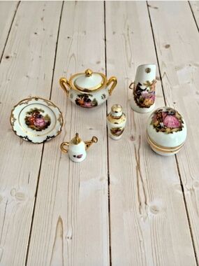 White Limoges Porcelain Collector Set | Watering Can, Egg Trinket Box, Plate